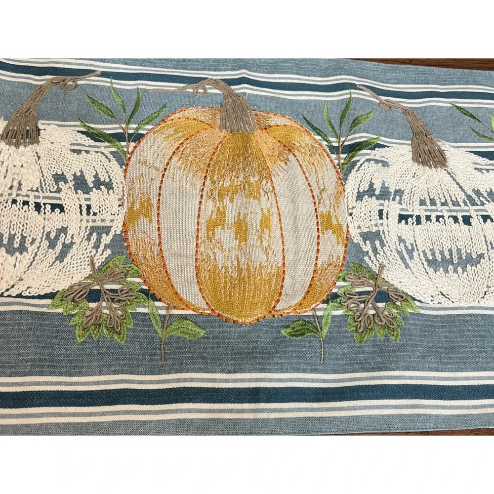 Bountiful Fall Harvest Pumpkins Embroidered Decorative Table Runner‎ BLUE 72x16